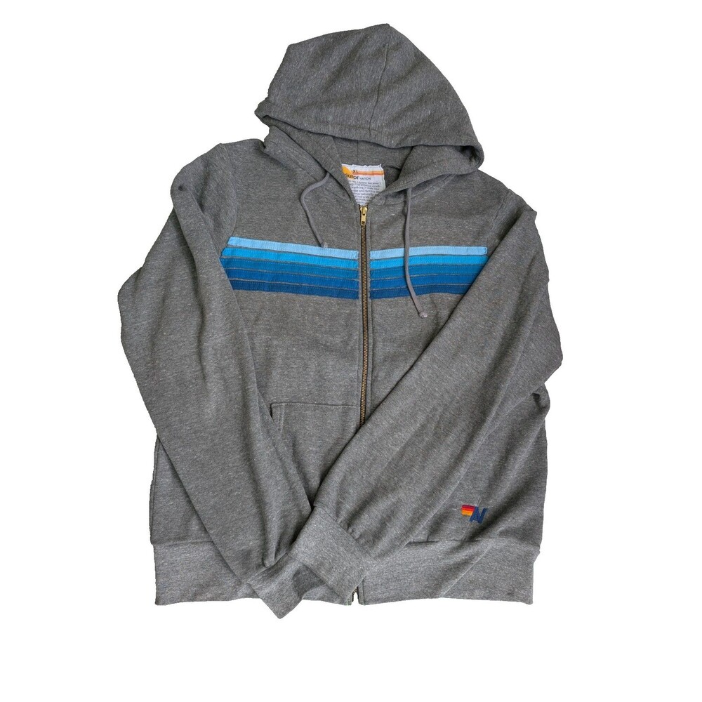 Aviator Nation 5 Stripe Zip Hoodie Heather Grey Blue Unisex XL Made USA